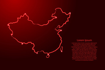 China map from the contour red brush lines different thickness and glowing stars on dark background. Vector illustration.