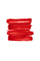 Smears red lip gloss isolated. Swipes lipstick on white background. Smudged makeup cosmetic product sample. - Image