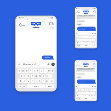 Mobile application with chat interface to communicate on a realistic mockup phone. Mobile ui design image concept on blue background
