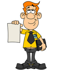 Public servant, tax inspector, insurance or advertising agent.  Red-haired guy in a business tie with a briefcase presents an official document.
