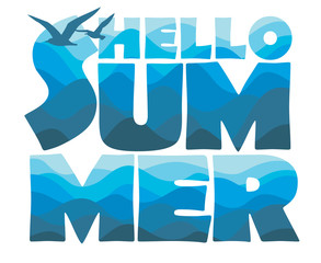 emblem of hello summer lettering with sea waves isolated on white background
