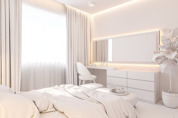 The interior design of the master bedroom in the Scandinavian style. 3d illustration of the interior without texture