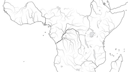 World Map of EQUATORIAL AFRICA REGION: Central Africa, Congo, Zaïre, Nigeria, Kenya, Tanzania, Kilimanjaro, Lake Tanganyika, Lake Malawi, Sudan, Somalia. Geographic chart with coastline and rivers.