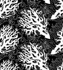 Contrast monochrome rhythmic seamless pattern with sea corals in doodle style. Sea bottom vector illustration for printing, fabric, textile, manufacturing, wallpapers, wrapping paper.