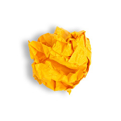 crumpled yellow orange paper ball on white background isolation