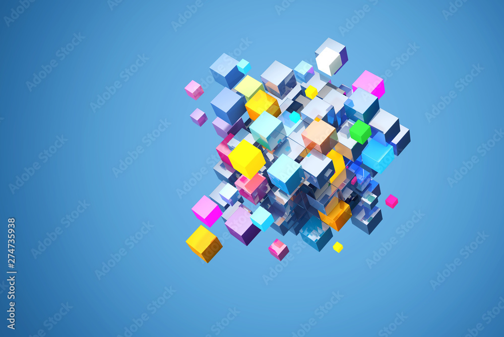 Poster 3d rendering abstract block of color cubes, on blue background. file contains a path to isolation cu