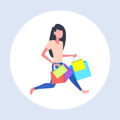 woman carrying colorful paper bags girl holding purchases big sale shopping concept flat full length