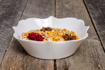 Beautiful table setting with lavender flowers on wooden background