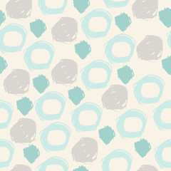 Pastel abstract grunge seamless pattern with hand drawn round geometrical shapes. Infinity background with brush strokes, dots, circles, rings. Messy bubbles. Dotted texture.  Vector illustration.