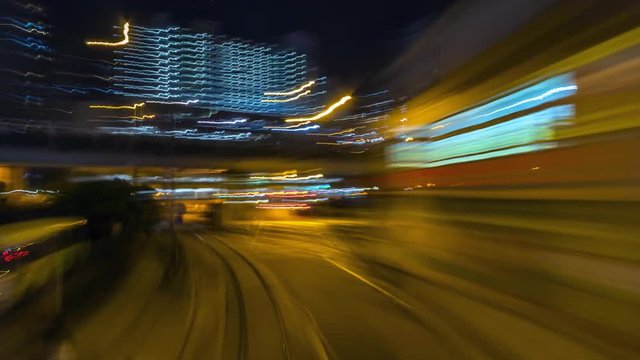 4K.Time lapse Tram fast speed at night  at hong kong city china
