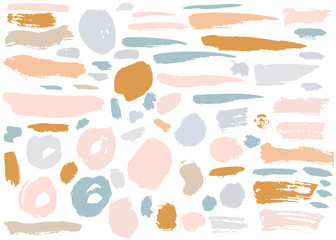 Set of colorful hand drawn grunge elements, geometrical shapes, rings, circles, banners, brush strokes isolated on white. Vector illustration.