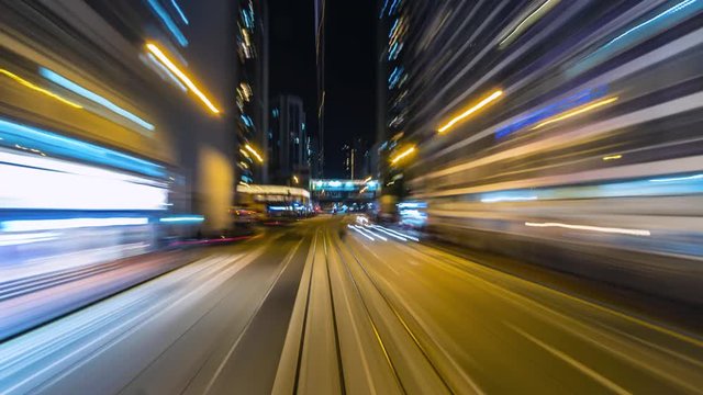 4K.Time lapse Tram fast speed at night  at hong kong city china