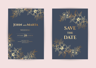 Fototapeta na wymiar Wedding Invitation with Gold Flowers. Cover design with an ornament of golden leaves. vector eps10