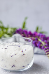 Salt scrub, lavender, Towel on Grey background