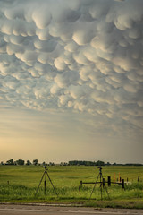 Tripods with equipment belonging to storm chasers below a thundery sky with mammatus clouds on the...