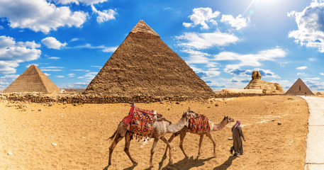 Bedouin with camels in front of the Pyramids and the Sphinx, Giza