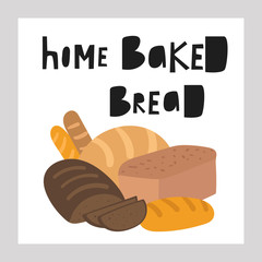 Cute hand drawn doodle bread set including white bread, french baguette, pretzel, slices of bread. Illustrations for bakery
