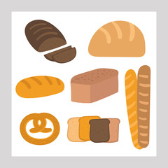 Cute hand drawn doodle bread set including white bread, french baguette, pretzel, slices of bread. Illustrations for bakery