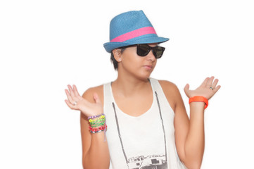 Young girl expressing surprise with hat and sunglasses