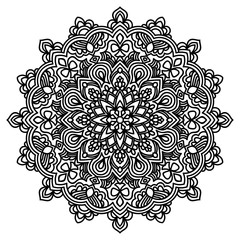 Black outline flower mandala. Vintage decorative element. Ornamental round doodle flower isolated on white background. Geometric circle element. Vector illustration.