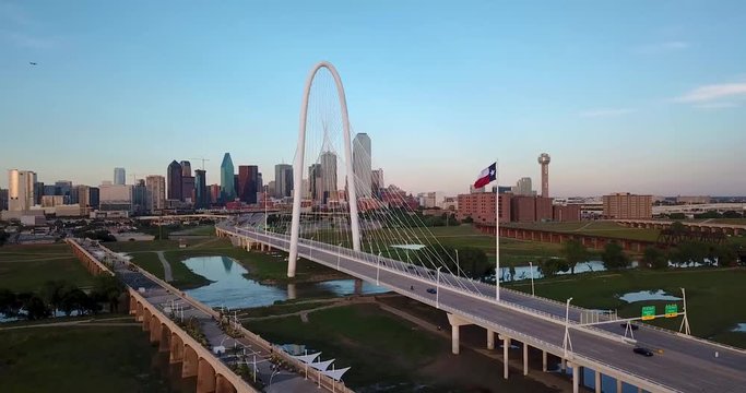 CONTINENTAL RONALD KRIK BRIDGE DALLAS TEXAS SUNSET SKYLINE AERIAL 4K Orbit Left