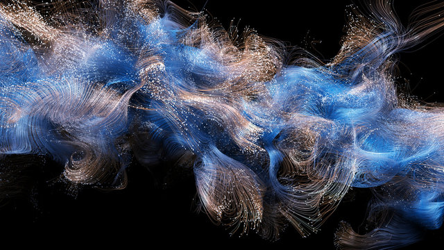 Particle trail background. Magic sparkle trail effect. Shimmering waves with light effect isolated on black background. Lines swirl effect. Abstract motion.