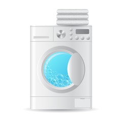 Vector realistic automatic front-loading washing-machine with pile of towels isolated on white backgroung. 3D illustration.