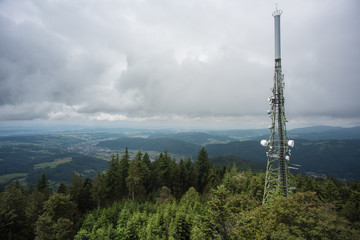 landscape at cloudy day in black forest germany, view from lookout tower hohe moehr.