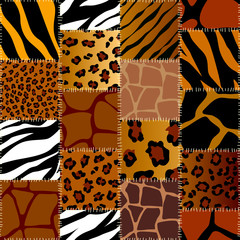 Seamless background pattern. Patchwork pattern of animal textures patches. Vector image