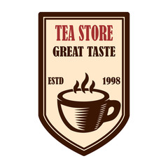 Tea shop emblem template. Design element for logo, label, sign, poster, flyer. Vector illustration