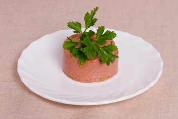 wet food pate on a white plate for animals on a light fabric background