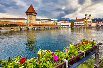 Lucerne, Switzerland - Famous wooden Chapel Bridge, oldest wooden covered bridge in Europe. Luzern