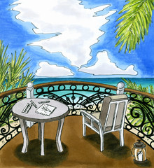 Sun terrace on the beach, sea and palm trees, table and chair on the balcony, work in pleasure, rest on the sea, dream job