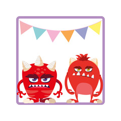square frame with funny monsters and garlands hanging