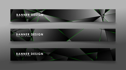 square banner vector collection . Black premium background with luxury dark polygonal pattern and green triangle lines