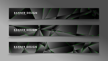 square banner vector collection . Black premium background with luxury dark polygonal pattern and green triangle lines