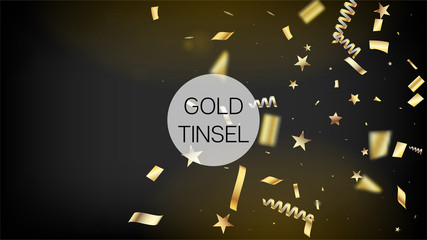Modern Tinsel Confetti Isolated, Golden Celebration Foil. Horizontal Mystical Bokeh Background. Cool Glamour Christmas, New Year, Birthday Party Holiday Banner. Golden Tinsel Confetti Isolated