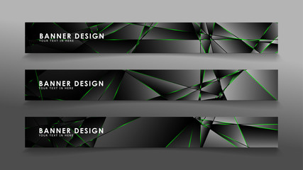 square banner vector collection . Black premium background with luxury dark polygonal pattern and green triangle lines