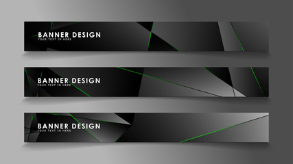 square banner vector collection . Black premium background with luxury dark polygonal pattern and green triangle lines