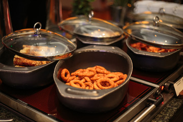 Plates with food at the party