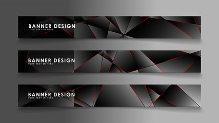 Square banner vector collection . Black premium background with luxury dark polygonal pattern and red triangle lines
