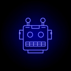 robot, head line icon in blue neon style. Signs and symbols can be used for web, logo, mobile app, UI, UX