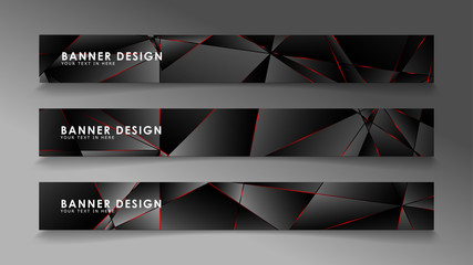 Square banner vector collection . Black premium background with luxury dark polygonal pattern and red triangle lines