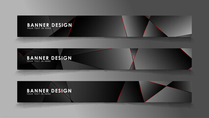 Square banner vector collection . Black premium background with luxury dark polygonal pattern and red triangle lines