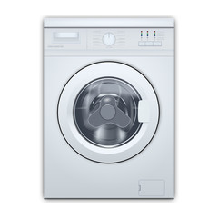 Washing machine front loading isolated on white background. Front view, close-up, closed door. 3d realistic vector