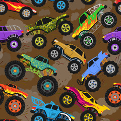 Monster truck show vector cartoon vehicle or car and extreme transport illustration set of heavy monstertruck with large wheels background © partyvector