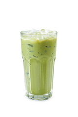 Ice milk matcha green tea glass isolated on white background. -Image
