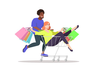 Fototapeta na wymiar Young people doing shopping flat vector illustration. Shopaholics isolated cartoon characters on white background. Presents, bags. Girl in trolley. Happy customers on seasonal sale, discount