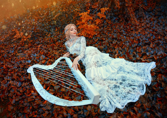 excellent princess with blond hair in long lace vintage dress lies on red dark leaves, girl resting...