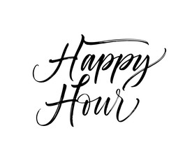 Happy hour phrase. Hand drawn brush style modern calligraphy. Vector illustration of handwritten lettering. 